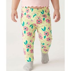 Babyhug Cotton Lycra Knit Full Length Leggings With Floral Print Pack Of 3 - Pink Red & Yellow