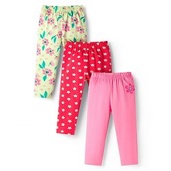 Babyhug Cotton Lycra Knit Full Length Leggings With Floral Print Pack Of 3 - Pink Red & Yellow