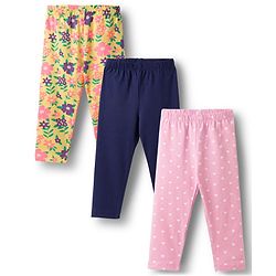 Babyhug Cotton Lycra Knit Full Length Leggings With Floral Print Pack Of 3 - Pink Navy Blue & Yellow