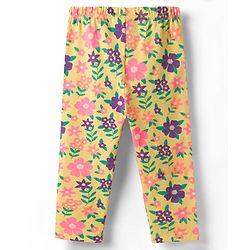 Babyhug Cotton Lycra Knit Full Length Leggings With Floral Print Pack Of 3 - Pink Navy Blue & Yellow