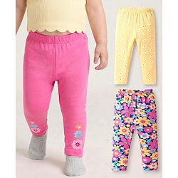 Babyhug Cotton Lycra Knit Full Length Leggings with Floral Print Pack of 3 - Light Orange Pink & Navy Blue