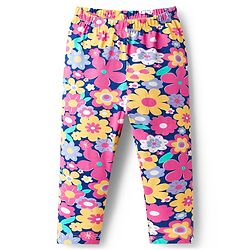 Babyhug Cotton Lycra Knit Full Length Leggings with Floral Print Pack of 3 - Light Orange Pink & Navy Blue