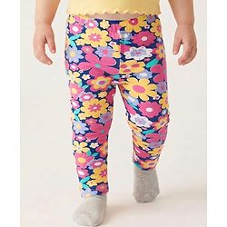 Babyhug Cotton Lycra Knit Full Length Leggings with Floral Print Pack of 3 - Light Orange Pink & Navy Blue