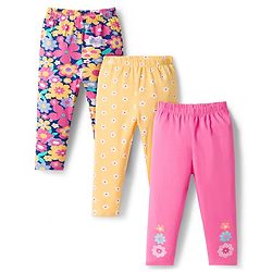 Babyhug Cotton Lycra Knit Full Length Leggings with Floral Print Pack of 3 - Light Orange Pink & Navy Blue