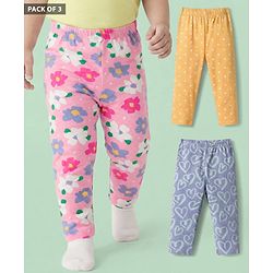Babyhug Cotton Lycra Knit Full Length Leggings with Heart Polka Dots & Floral Print Pack of 3 - Multicolor