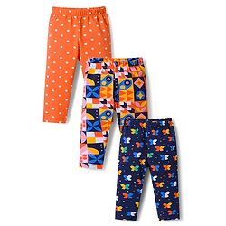 Babyhug Cotton Lycra Knit Full Length Leggings With Polka Dot Print Pack Of 3 - Navy Blue & Orange