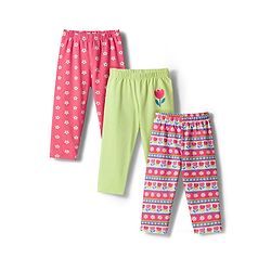 Babyhug Cotton Lycra Knit Full Length Leggings With Floral Print Pack Of 3 - Pink Lime Green & White