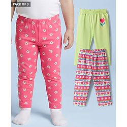 Babyhug Cotton Lycra Knit Full Length Leggings With Floral Print Pack Of 3 - Pink Lime Green & White