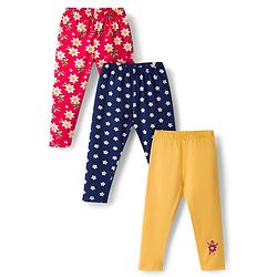 Babyhug Cotton Knit Full Length Leggings  with Floral Print Pack of 3 - Navy Blue Yellow & Red