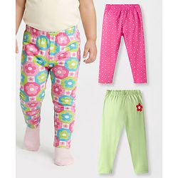 Babyhug Cotton Lycra Knit Full Length Leggings with Floral & Polka Dot Print Pack of 3 - Multicolor