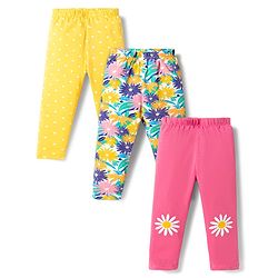 Babyhug Cotton Lycra Knit Full Length Leggings with Floral Print Pack of 3 - Multicolor