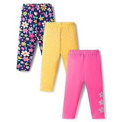 Babyhug Cotton Lycra Knit Full Length Leggings with Floral Print Pack of 3 - Multicolor