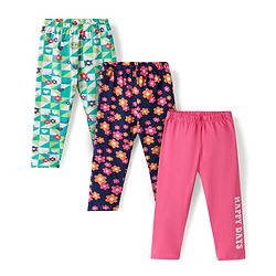 Babyhug Cotton Lycra Knit Full Length Leggings with Floral Print Pack of 3 - Multicolor