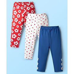 Babyhug Cotton Knit Full Length Leggings with Floral & Heart Print Pack of 3 - Red Blue & White