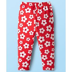 Babyhug Cotton Knit Full Length Leggings with Floral & Heart Print Pack of 3 - Red Blue & White