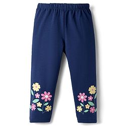Babyhug Cotton Lycra Knit Full Length Leggings with Floral Print  - Navy Blue