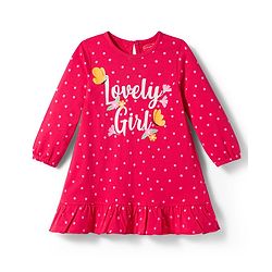 Babyhug Cotton Knit Full Sleeves Nighty with Polka Dot & Text Print - Red