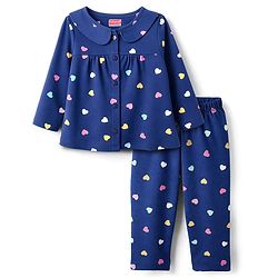 Babyhug Cotton Knit Full Sleeves Co-ord Night Suit With Heart Print - Navy Blue