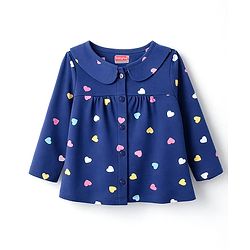 Babyhug Cotton Knit Full Sleeves Co-ord Night Suit With Heart Print - Navy Blue