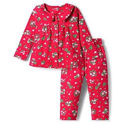 Babyhug Cotton Knit Full Sleeves Co-ord Night Suit With Floral Print - Red