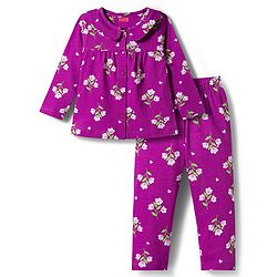 Babyhug Cotton Knit Full Sleeves Co-ord Night Suit With Floral Print - Purple