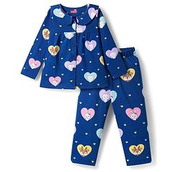 Babyhug Cotton Knit Full Sleeves Co-ord Night Suit With Kitty & Heart Print - Navy Blue