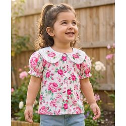 Babyhug Cotton Woven Half Sleeves Top With Floral Print - White