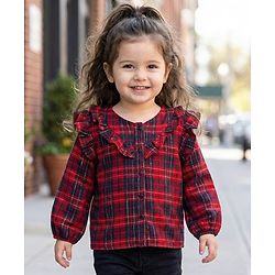 Babyhug Cotton Lurex Woven Full Sleeves Top With Checks & Frill Detailing - Red
