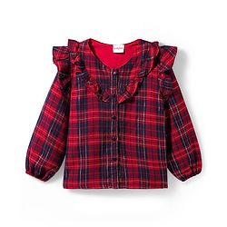Babyhug Cotton Lurex Woven Full Sleeves Top With Checks & Frill Detailing - Red