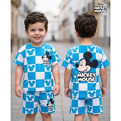 Babyhug Disney Single Jersey Knit Drop Shoulder Half Sleeves Oversized T-Shirt & Shorts Co-ord Set With Mickey Mouse Front & Back Print - Blue & White