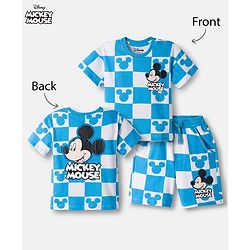 Babyhug Disney Single Jersey Knit Drop Shoulder Half Sleeves Oversized T-Shirt & Shorts Co-ord Set With Mickey Mouse Front & Back Print - Blue & White