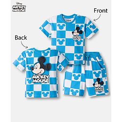 Babyhug Disney Single Jersey Knit Drop Shoulder Half Sleeves Oversized T-Shirt & Shorts Co-ord Set With Mickey Mouse Front & Back Print - Blue & White