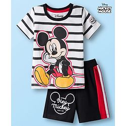Babyhug Disney Single Jersey Knit Half Sleeve T-Shirt & Shorts Set with Mickey Mouse Graphic - Black & White