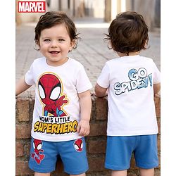 Babyhug Marvel Single Jersey Knit Half Sleeves T-Shirt & Shorts Set with Front & Back Spiderman Graphic - Blue & White