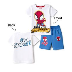 Babyhug Marvel Single Jersey Knit Half Sleeves T-Shirt & Shorts Set with Front & Back Spiderman Graphic - Blue & White