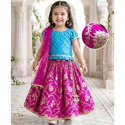 Babyhug Woven Half Puffed Sleeves Choli Lehenga Set with Dupatta & Floral Foil Print - Purple