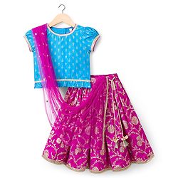 Babyhug Woven Half Puffed Sleeves Choli Lehenga Set with Dupatta & Floral Foil Print - Purple