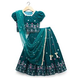 Babyhug Woven Half Puffed Sleeves Choli Lehenga Set with Dupatta & Floral Embroidery - Teal Blue