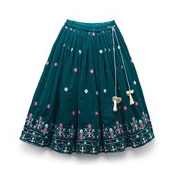 Babyhug Woven Half Puffed Sleeves Choli Lehenga Set with Dupatta & Floral Embroidery - Teal Blue