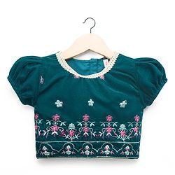 Babyhug Woven Half Puffed Sleeves Choli Lehenga Set with Dupatta & Floral Embroidery - Teal Blue