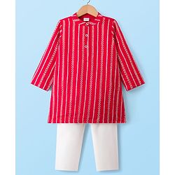 Babyhug Woven Full Sleeves Kurta Pyjama Set With Embroidery & Sequin Detailing - Red
