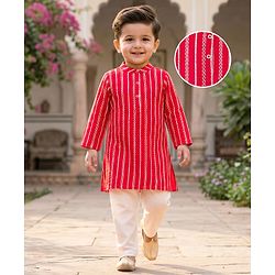 Babyhug Woven Full Sleeves Kurta Pyjama Set With Embroidery & Sequin Detailing - Red
