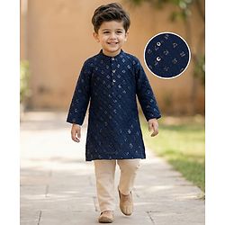 Babyhug Woven Full Sleeves Embroidered Kurta Pyjama Set - Navy Blue & White