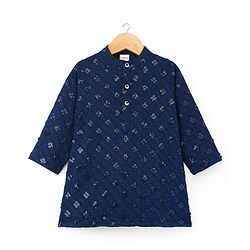 Babyhug Woven Full Sleeves Embroidered Kurta Pyjama Set - Navy Blue & White