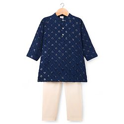 Babyhug Woven Full Sleeves Embroidered Kurta Pyjama Set - Navy Blue & White