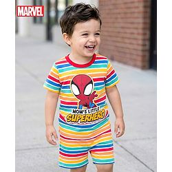 Babyhug Marvel Single Jersey Knit Half Sleeves Striped T-Shirt & Shorts Set with Spiderman Graphic - Multicolor