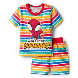 Babyhug Marvel Single Jersey Knit Half Sleeves Striped T-Shirt & Shorts Set with Spiderman Graphic - Multicolor