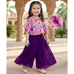 Babyhug Woven Half Sleeves Indo Western Set With Floral Print - Purple