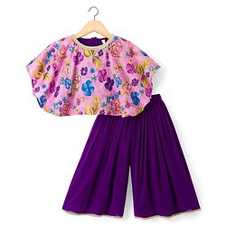 Babyhug Woven Half Sleeves Indo Western Set With Floral Print - Purple