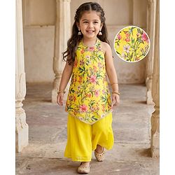 Babyhug Woven Sleeveless Floral Printed Indo Western Set - Yellow